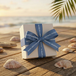 カスタムのたそがれブルーのサンセリフ体Happy Birthday（ハッピーバースデー）テキスト サテンリボン