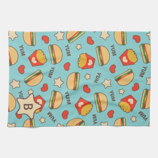 カスタムのイニシャル|のハンバーガー及び揚げ物パターン キッチンタオル (横)