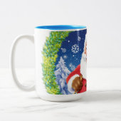 カスタムのクリスマスコーヒーマグサンタとおもちゃの袋。 ツートーンマグカップ (左)