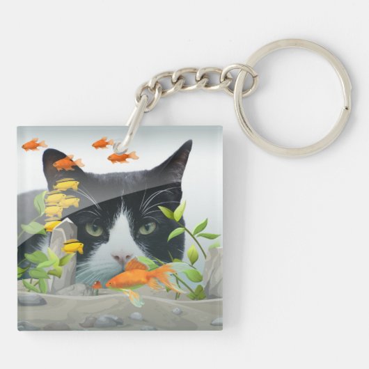 カスタムのフォトネコが水槽の中をのぞき込む キーホルダー (裏面)