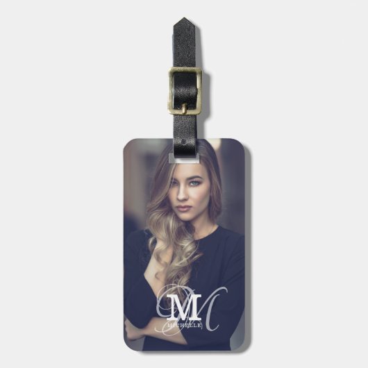 カスタムの写真と名前のタイポグラフィ ラゲッジタグ (正面縦)