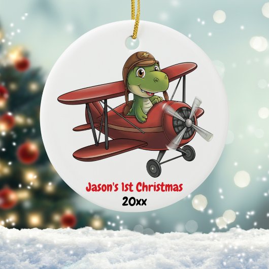 カスタムの初クリスマス飛行機と恐竜パイロット セラミックオーナメント