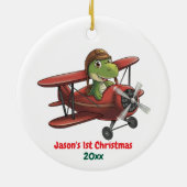 カスタムの初クリスマス飛行機と恐竜パイロット セラミックオーナメント (裏面)