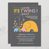 カスタムの双生児のベビー象および花のシャワー 招待状 (正面/裏面)