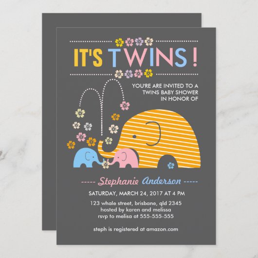 カスタムの双生児のベビー象および花のシャワー 招待状 (正面/裏面)