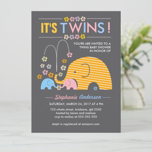 カスタムの双生児のベビー象および花のシャワー 招待状 (スタンド正面)