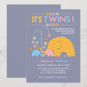 カスタムの双生児のベビー象および花のシャワー 招待状 (正面/裏面)