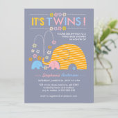 カスタムの双生児のベビー象および花のシャワー 招待状 (スタンド正面)