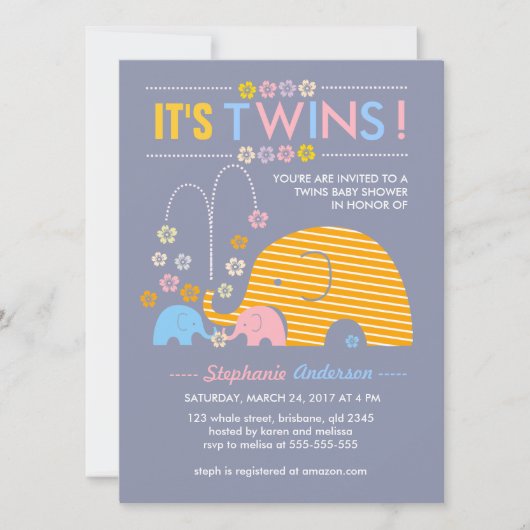 カスタムの双生児のベビー象および花のシャワー 招待状 (正面)
