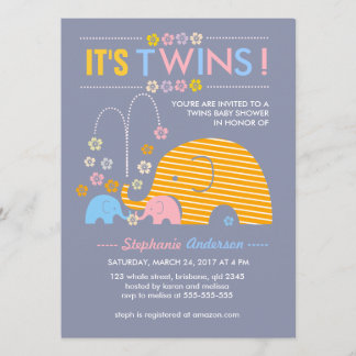 カスタムの双生児のベビー象および花のシャワー 招待状