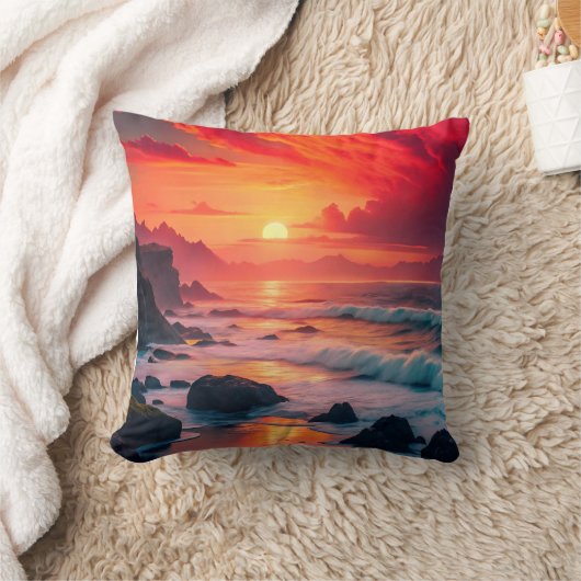 カスタムの夕日の海岸線 – 海の崖 クッション (ブランケット)