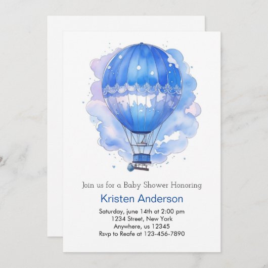 カスタムの天気風船ボーイベビーシャワー 招待状 (正面/裏面)