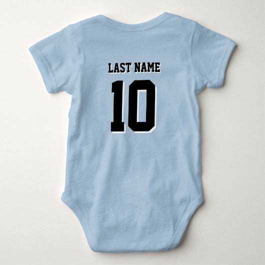 カスタムの姓の番号ドロップシャドウスポーツ ベビーボディスーツ (裏面)