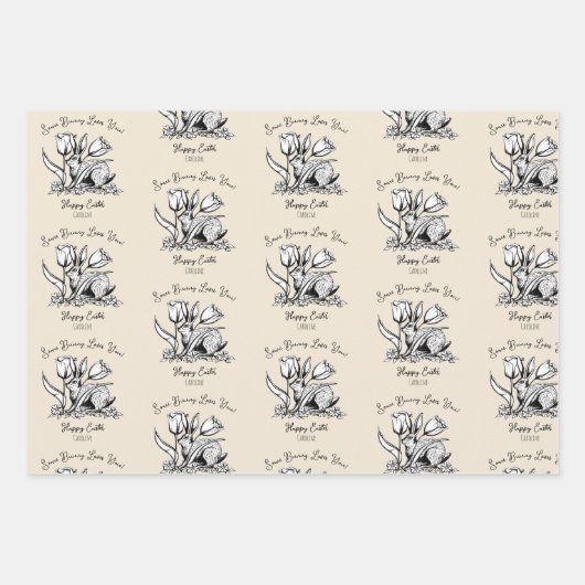 カスタムの子供の名前いくつかのバニー愛かわいいイースター ラッピングペーパーシート (正面)