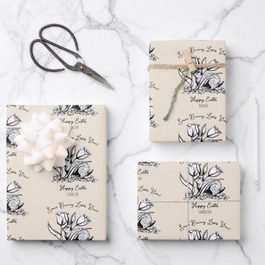 カスタムの子供の名前いくつかのバニー愛かわいいイースター ラッピングペーパーシート (正面)