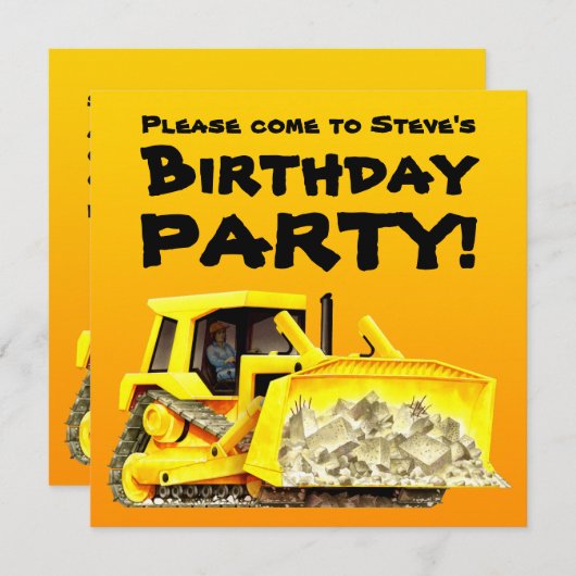 カスタムの子供の建築のブルドーザーのパーティー 招待状 (正面/裏面)