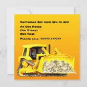 カスタムの子供の建築のブルドーザーのパーティー 招待状 (裏面)