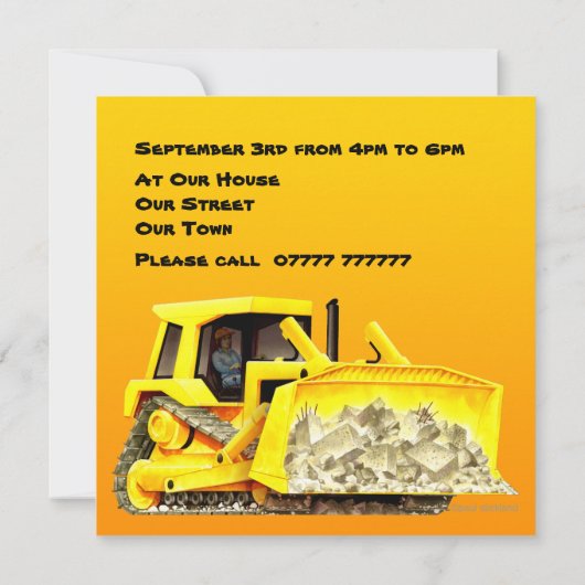 カスタムの子供の建築のブルドーザーのパーティー 招待状 (裏面)