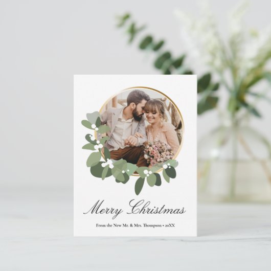カスタムの新しい写真リースフレームメリークリスマス シーズンポストカード (スタンド正面)