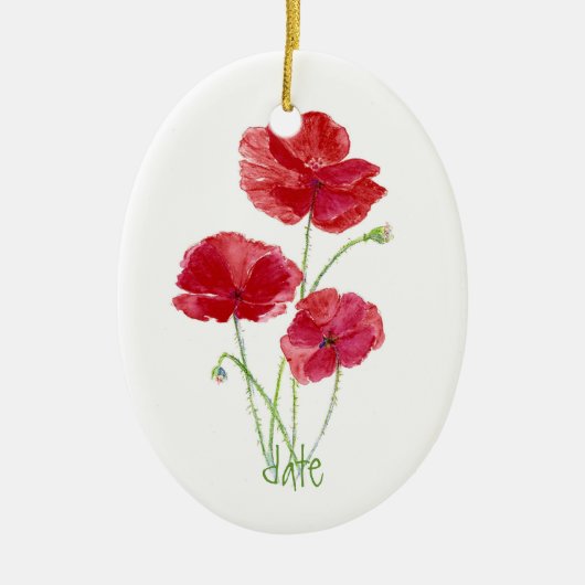 カスタムの日付、水色の赤いポピー花 セラミックオーナメント (正面)