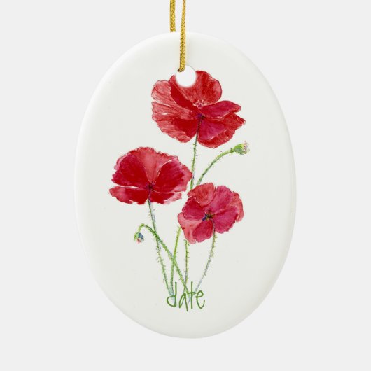 カスタムの日付、水色の赤いポピー花 セラミックオーナメント (裏面)