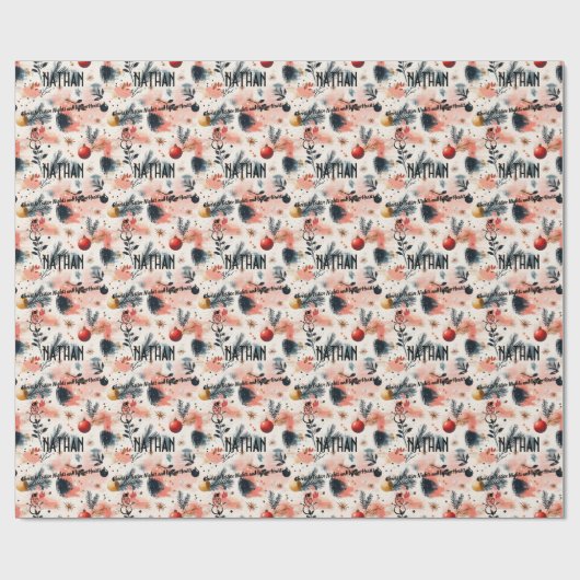 カスタムの水彩オーナメントと松のクリスマス ラッピングペーパー (フラット)