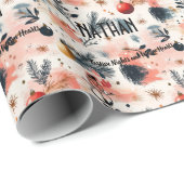 カスタムの水彩オーナメントと松のクリスマス ラッピングペーパー (ロールコーナー)