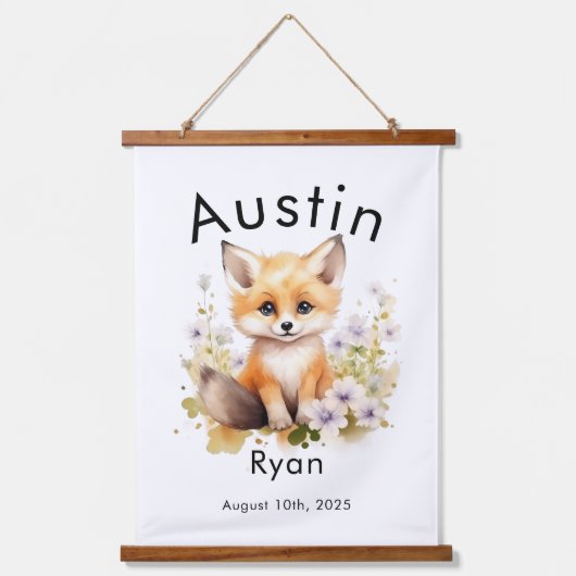 カスタムの水色ベビーキツネ名と誕生日の壁 吊り下げ型タペストリー (正面)