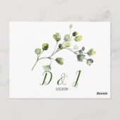 カスタムの水色ユーカリ緑葉のRSVP ポストカード (裏面)