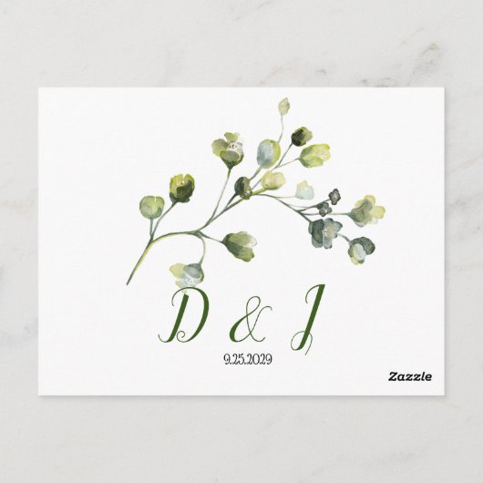 カスタムの水色ユーカリ緑葉のRSVP ポストカード (裏面)