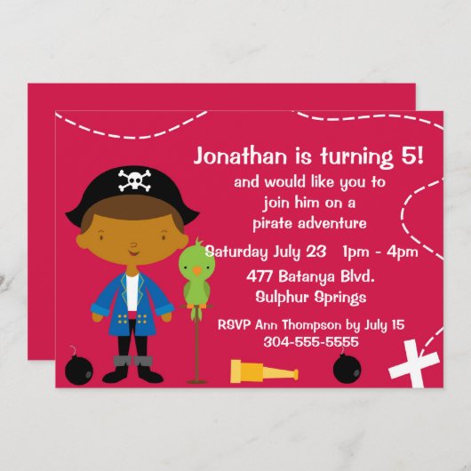 カスタムの海賊と鸚鵡の誕生日パーティー 招待状 (正面/裏面)