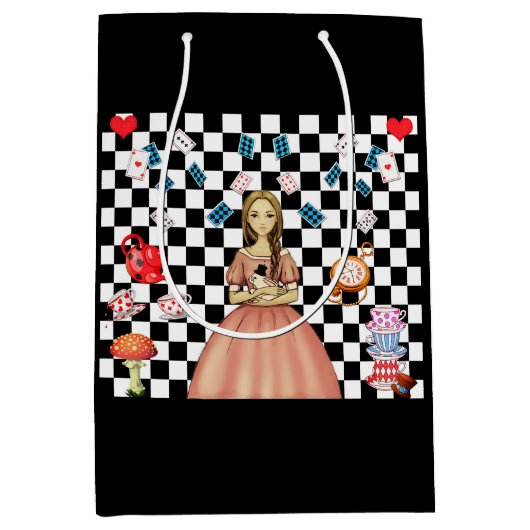 カスタムの色のアリスがワンダーランドティーパーティーを確認 ミディアムペーパーバッグ (正面)