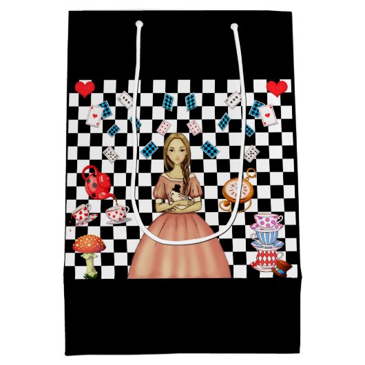 カスタムの色のアリスがワンダーランドティーパーティーを確認 ミディアムペーパーバッグ (裏面)