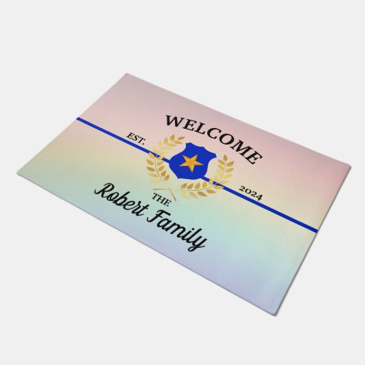 カスタムの薄い青い線の警察のバッジ歓迎の書式 ドアマット (アングル)