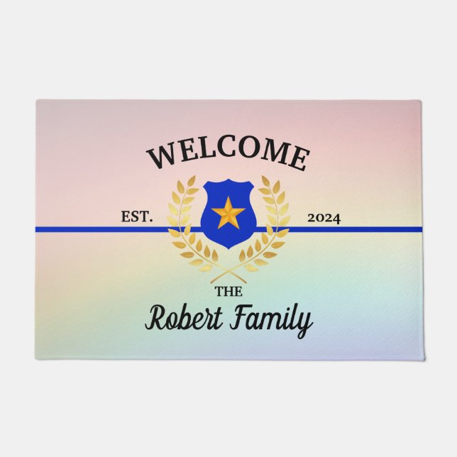 カスタムの薄い青い線の警察のバッジ歓迎の書式 ドアマット (正面)