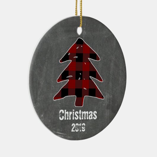 カスタムの赤いプレイドのツリーと黒板の写真 セラミックオーナメント (右)