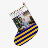 カスタムのPic/文字の青色の金ゴールドW.V.ストライプとライト ラージクリスマスストッキング (裏面 (吊り時))