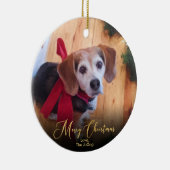 カスタムはペット写真のエレガントな金ゴールドの原稿のクリスマスを所有します セラミックオーナメント (右)