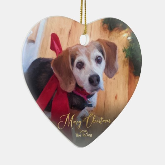 カスタムはペット写真のエレガントな金ゴールドの原稿のクリスマスを所有します セラミックオーナメント (右)