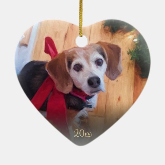 カスタムはペット写真のエレガントな金ゴールドの原稿のクリスマスを所有します セラミックオーナメント (裏面)