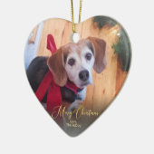 カスタムはペット写真のエレガントな金ゴールドの原稿のクリスマスを所有します セラミックオーナメント (左)