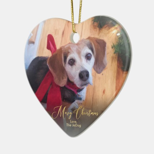 カスタムはペット写真のエレガントな金ゴールドの原稿のクリスマスを所有します セラミックオーナメント (左)