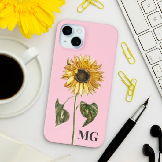 カスタムひまわり植物画モノグラム iPhoneケース