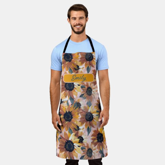 カスタムひまわり水の色 – 芸術的フローラデシ エプロン (着用した状態)