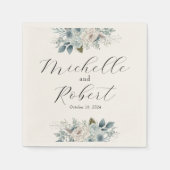 カスタムアイボリー&ブルーフローラ結婚ズ スタンダードカクテルナプキン (正面)