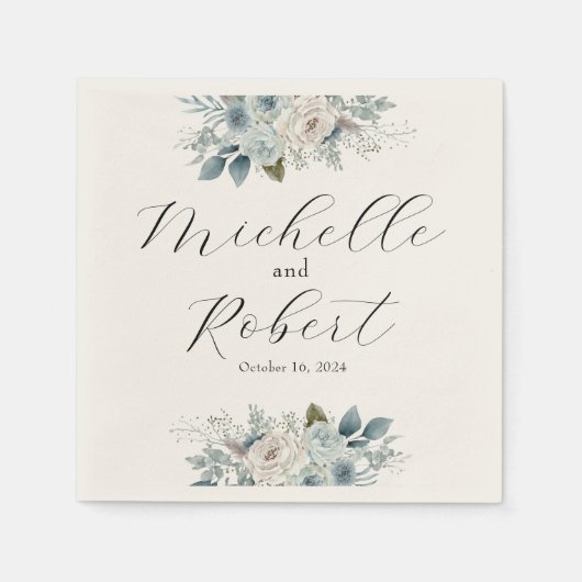 カスタムアイボリー&ブルーフローラ結婚ズ スタンダードカクテルナプキン (正面)