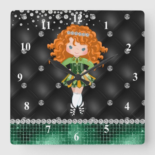 カスタムアイリッシュダンスレッドヘッドガールグリーンブラック スクエア壁時計 (正面)