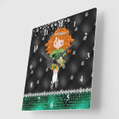 カスタムアイリッシュダンスレッドヘッドガールグリーンブラック スクエア壁時計 (傾斜)