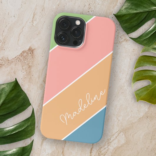 カスタムアップルグリーン赤面コーラルオレンジブルーストライプズ iPhoneケース