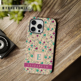 カスタムアプリコットピーチ花柄グリーン パープルの花 iPhone 15 PRO MAXケース